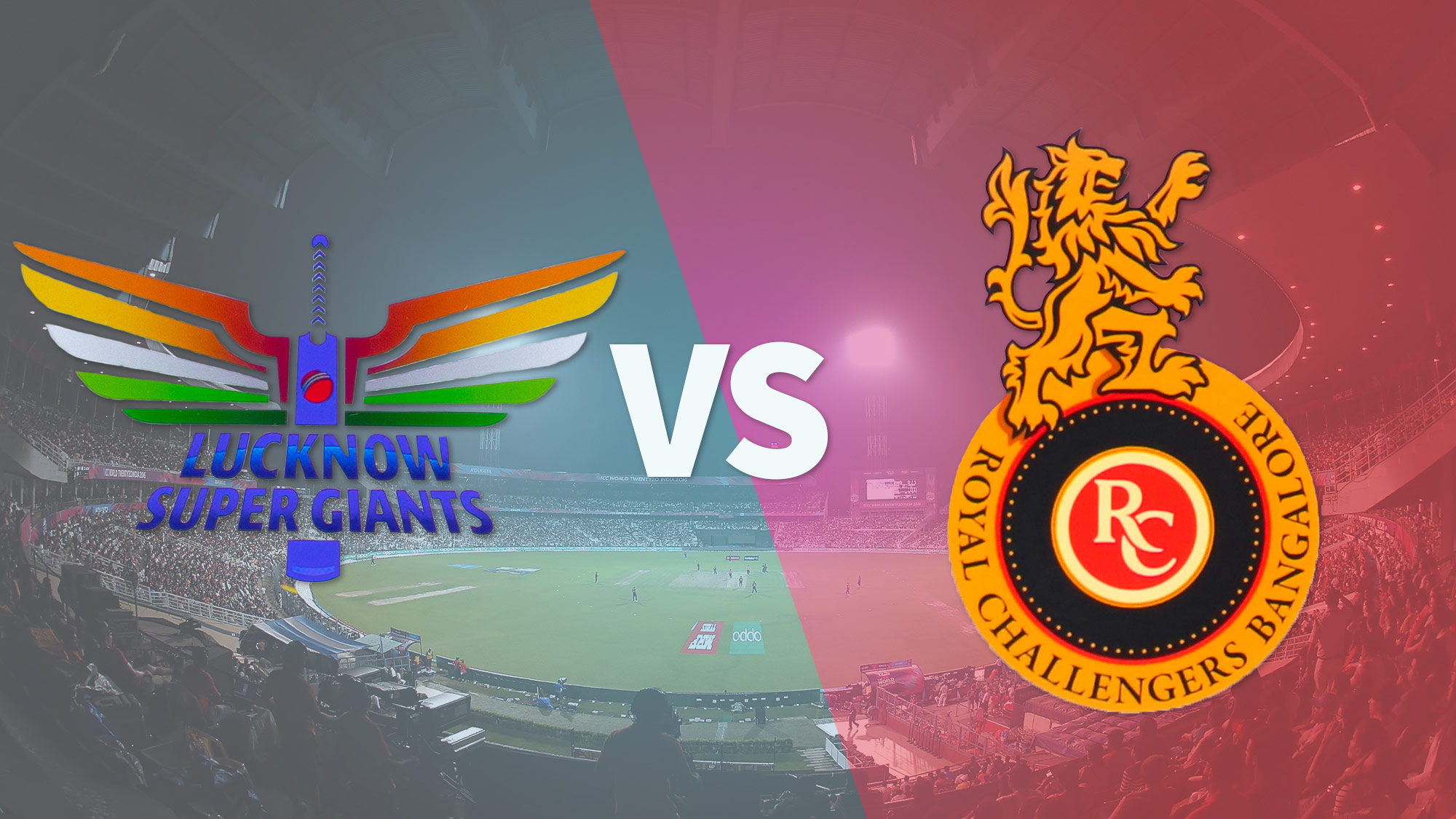 The Lucknow Super Giants and Royal Challengers Bangalore logos against a background of Eden Gardens stadium in Kolkata