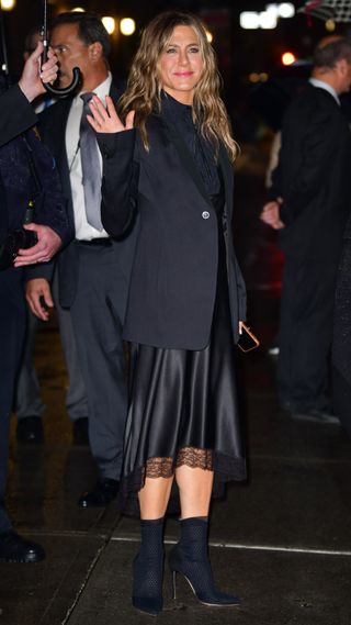 Jennifer Aniston leaves "The Late Show with Stephen Colbert" at the Ed Sullivan Theater on October 29, 2019 in New York City