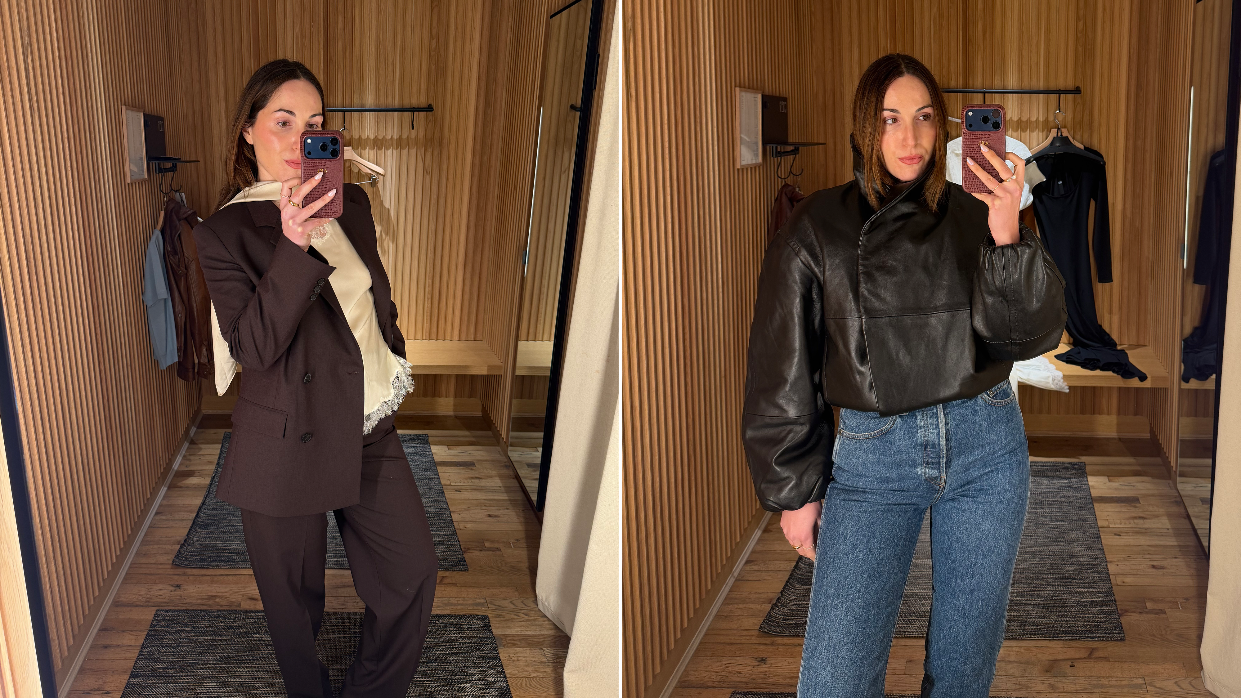 senior fashion editor Anna LaPlaca wearing Mango Selection pieces inside a store dressing room