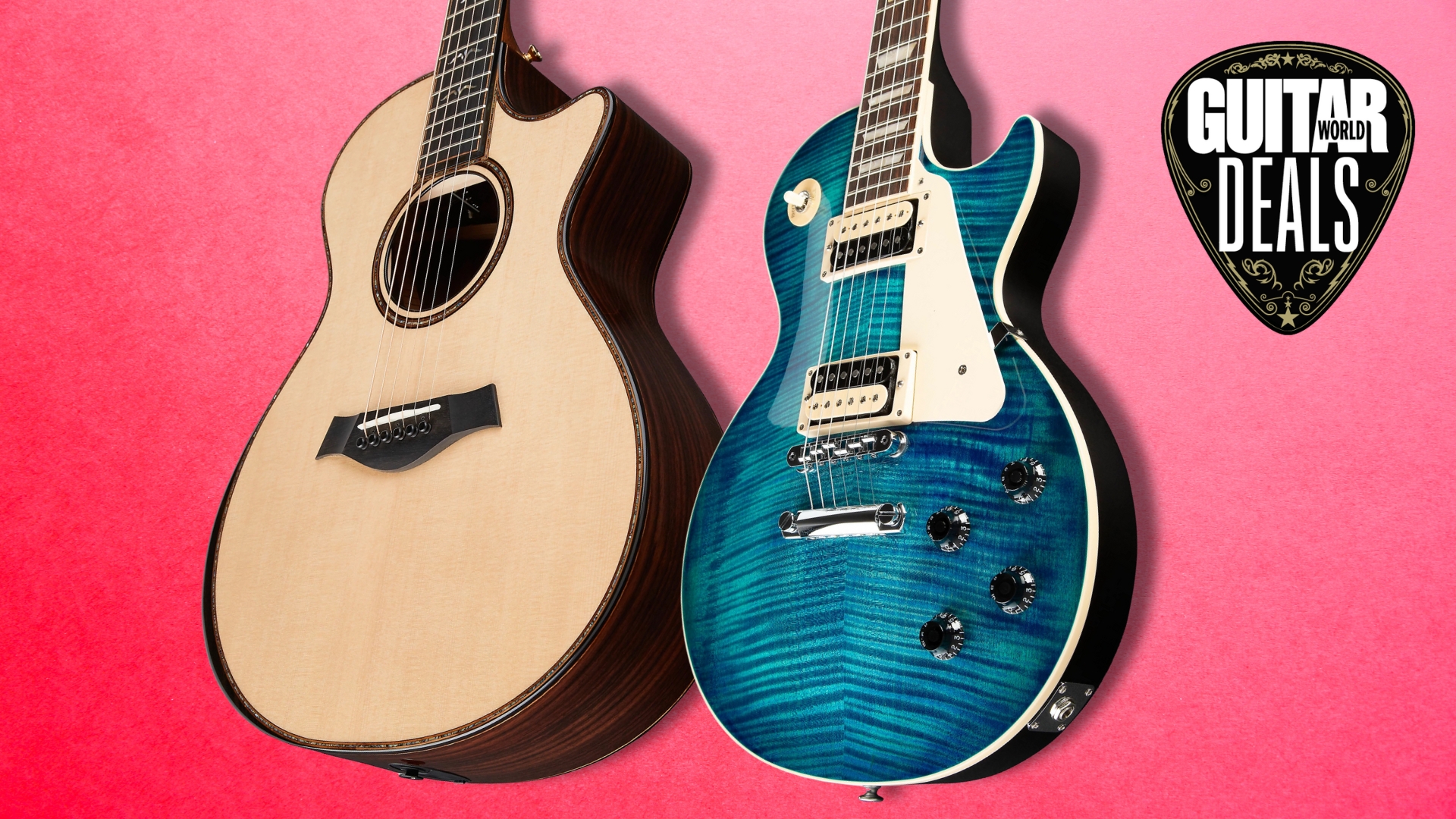 A Taylor acoustic and Gibson Les Paul electric guitar on a pink background
