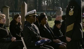 Jodie Turner-Smith attends a military funeral in full uniform in Without Remorse.