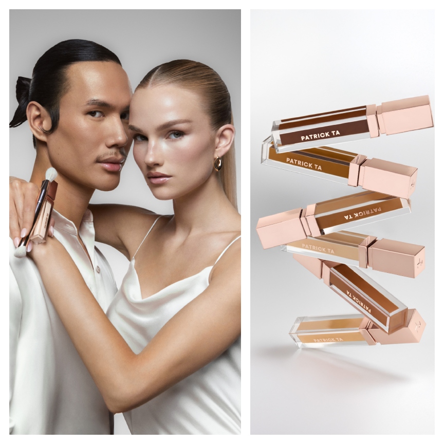 a man and a woman with glowing skin next to a flat lay of concealer bottles