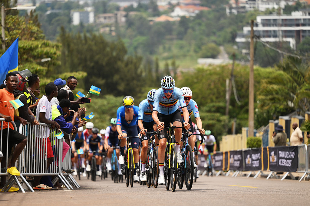 KIGALI, RWANDA - SEPTEMBER 26: Tim Rex and Team Belgium leads the peloton during the 98th UCI Cycling World Championships Kigali 2025, Men Under 23 Road Race a 164.6km race from Kigali to Kigali on September 26, 2025 in Kigali, Rwanda. (Photo by David Ramos/Getty Images)