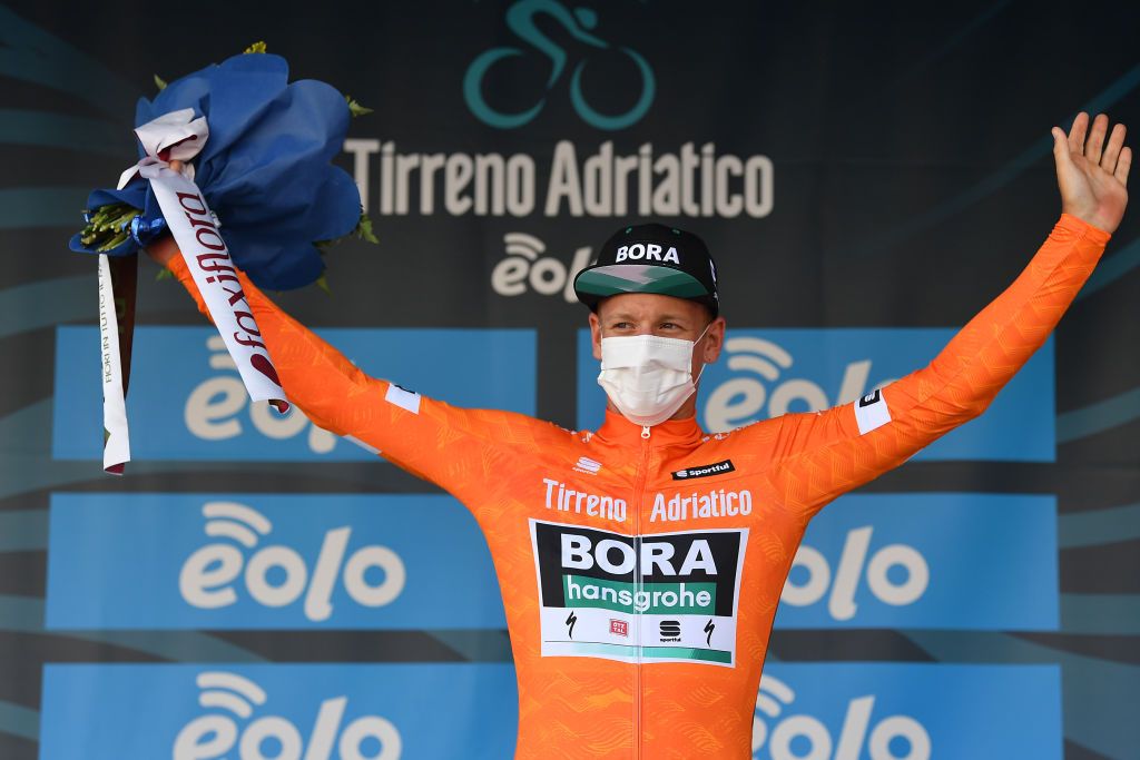 CASCIA ITALY SEPTEMBER 10 Podium Pascal Ackermann of Germany and Team BoraHansgrohe Orange Points Jersey Celebration during the 55th TirrenoAdriatico 2020 Stage 4 a 194km stage from Terni to Cascia 645m TirrenAdriatico on September 10 2020 in Cascia Italy Photo by Justin SetterfieldGetty Images