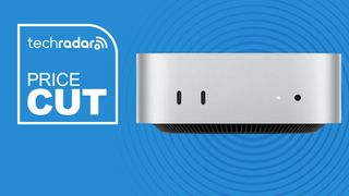 The Mac mini M4 on a blue background with text saying Price Cut.