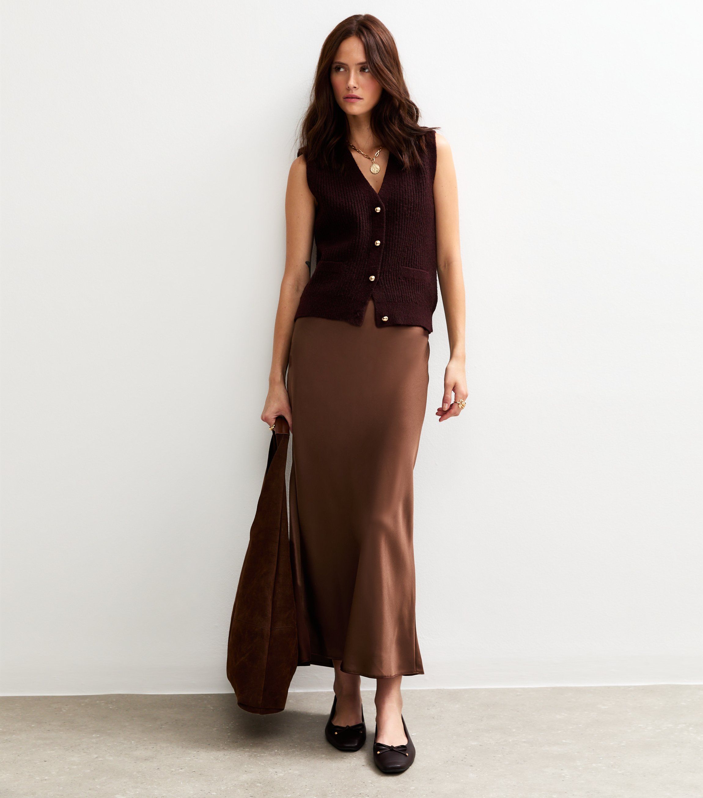 Dark Brown Satin Bias Cut Midi Skirt