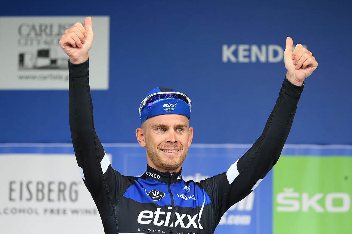 Julien Vermote (Etixx-QuickStep) on the podium after stage 2 of the Tour of Britain.