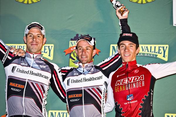 The men's podium (l-r): Karl Menzies(United Healhtcare p/b MAXXIS), Hilton Clarke (UnitedHealthcare p/b MAXXIS) and Luca Damiani (Kenda Pro Cycling p/b Geargrinder)