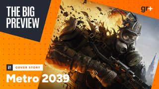 Key art for Metro 2039 showing the player armored up with a gun, dissolving into flames, with the orange GamesRadar+ Big Preview frame