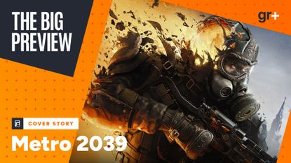 Key art for Metro 2039 showing the player armored up with a gun, dissolving into flames, with the orange GamesRadar+ Big Preview frame