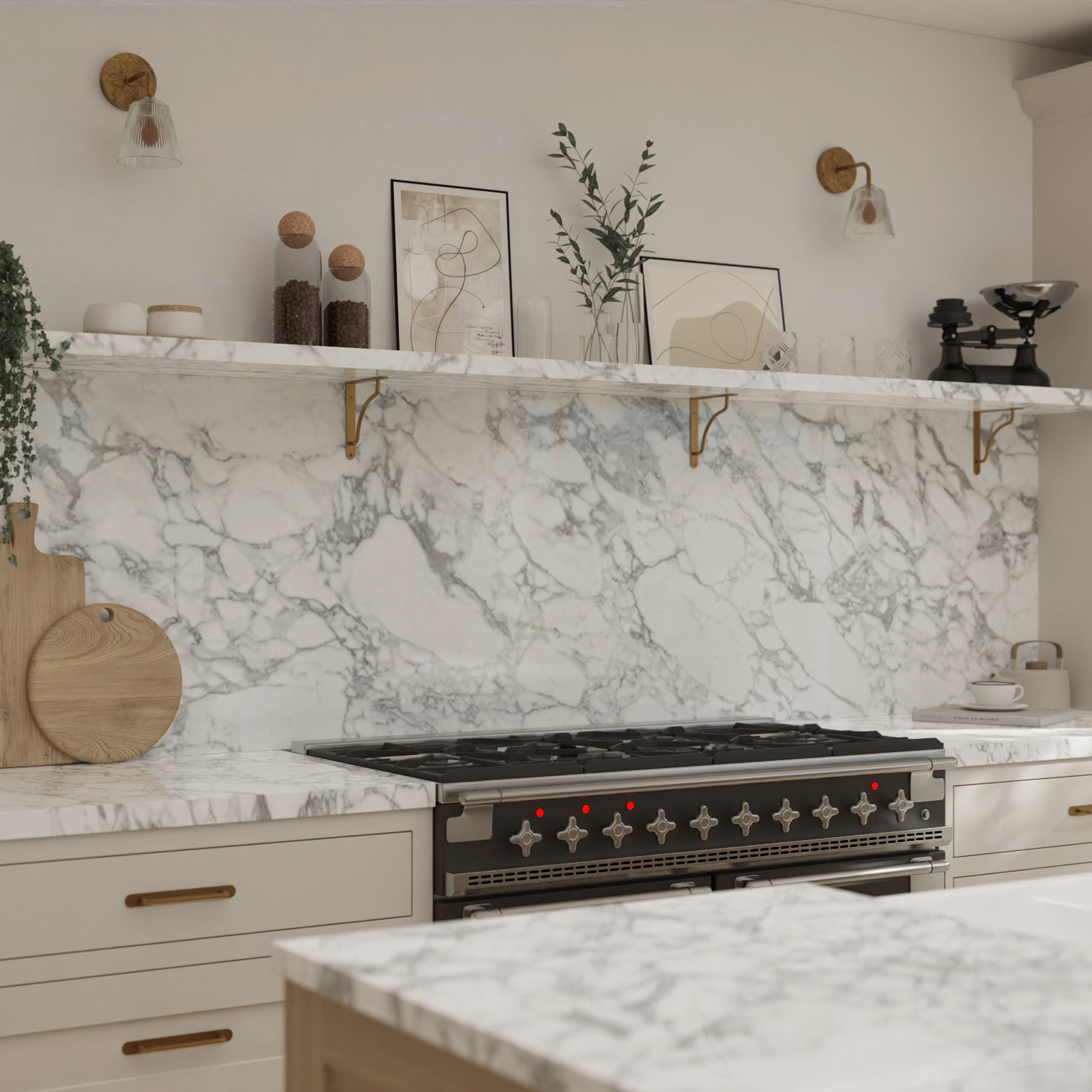 kitchen with marble worktops and marble splashback with matching shelf