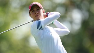 Nelly Korda takes a shot at in the Saturday foursomes at the Solheim Cup at Robert Trent Jones Golf Club