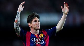 Lionel Messi celebrates after scoring his first goal for Barcelona against Athletic Club in the 2015 Copa del Rey final at Camp Nou.