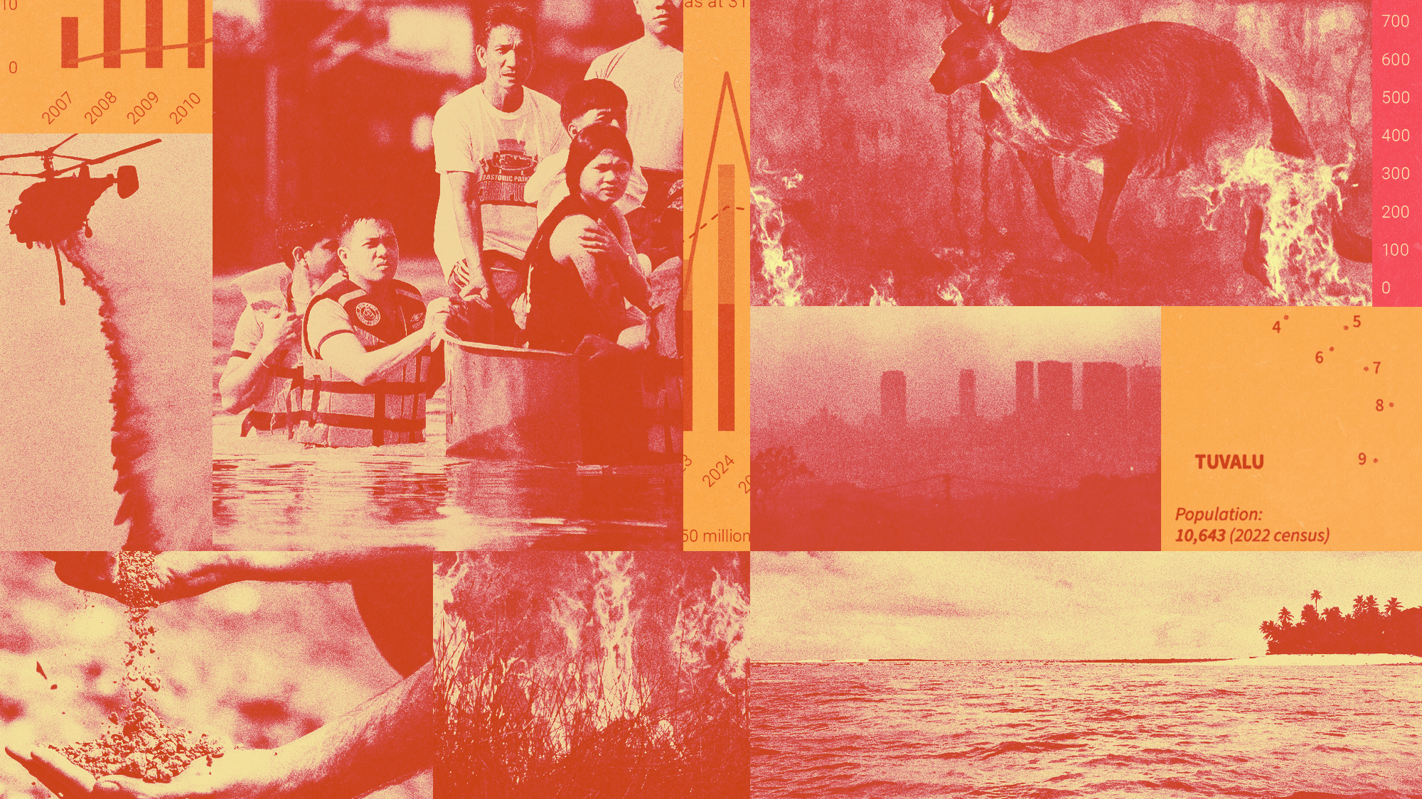 Photo composite illustration of wildfires, flooding, and soil erosion