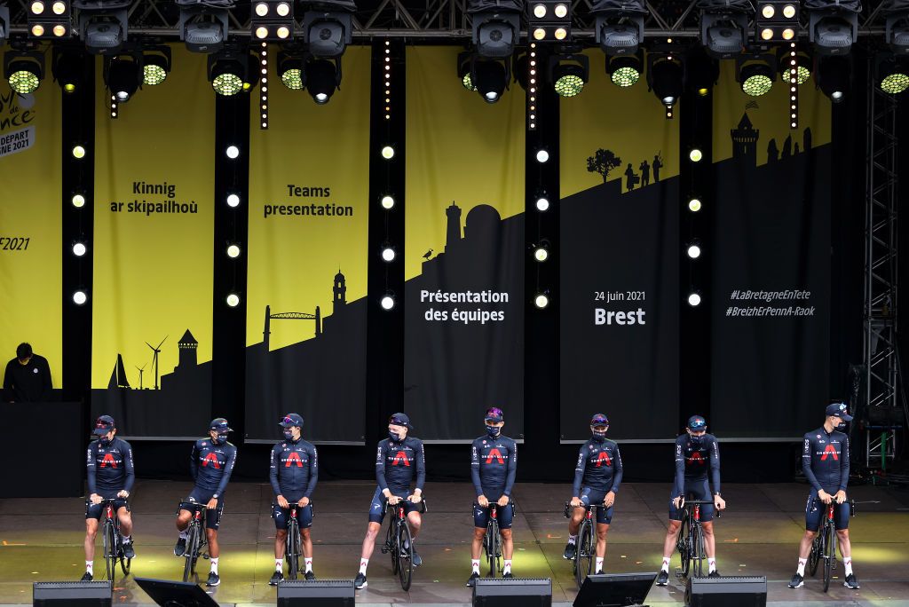 BREST FRANCE JUNE 24 Richard Carapaz of Ecuador Jonathan Castroviejo of Spain Tao Geoghegan Hart of The United Kingdom Micha Kwiatkowski of Poland Richie Porte of Australia Luke Rowe of The United Kingdom Geraint Thomas of The United Kingdom Dylan Van Baarle of The Netherlands and Team INEOS Grenadiers during the 108th Tour de France 2021 Team Presentation Public Fans LeTour TDF2021 on June 24 2021 in Brest France Photo by Tim de WaeleGetty Images