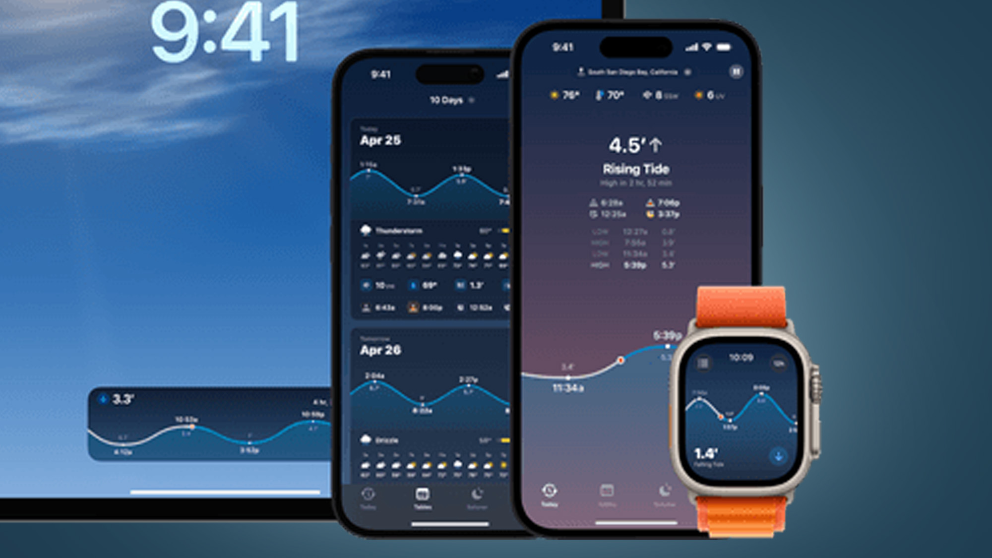 Apple Watch and mobile phone with blue background displaying the Tide Guide app