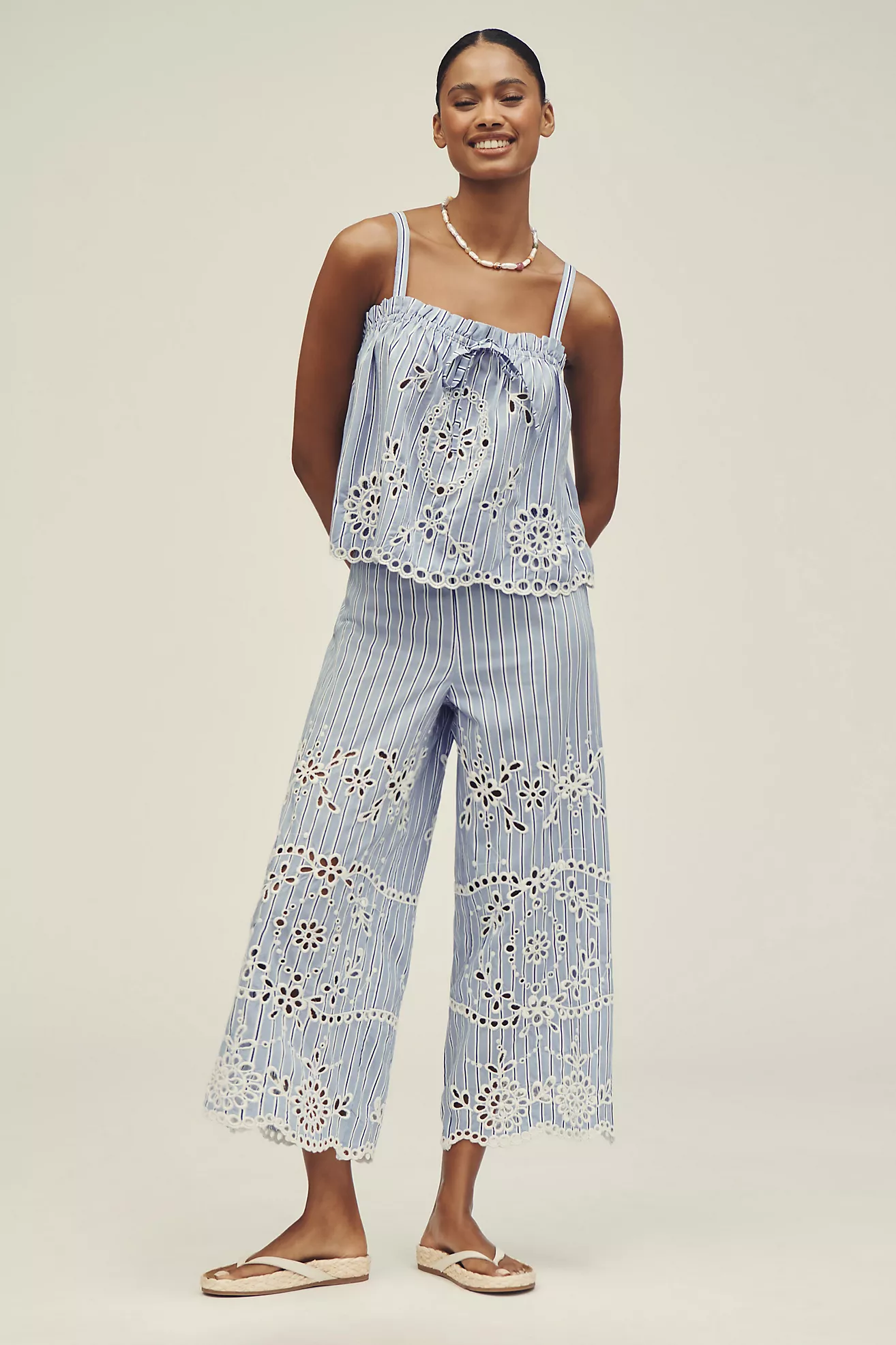 Maeve Eyelet-Stripe Wide-Leg Trousers