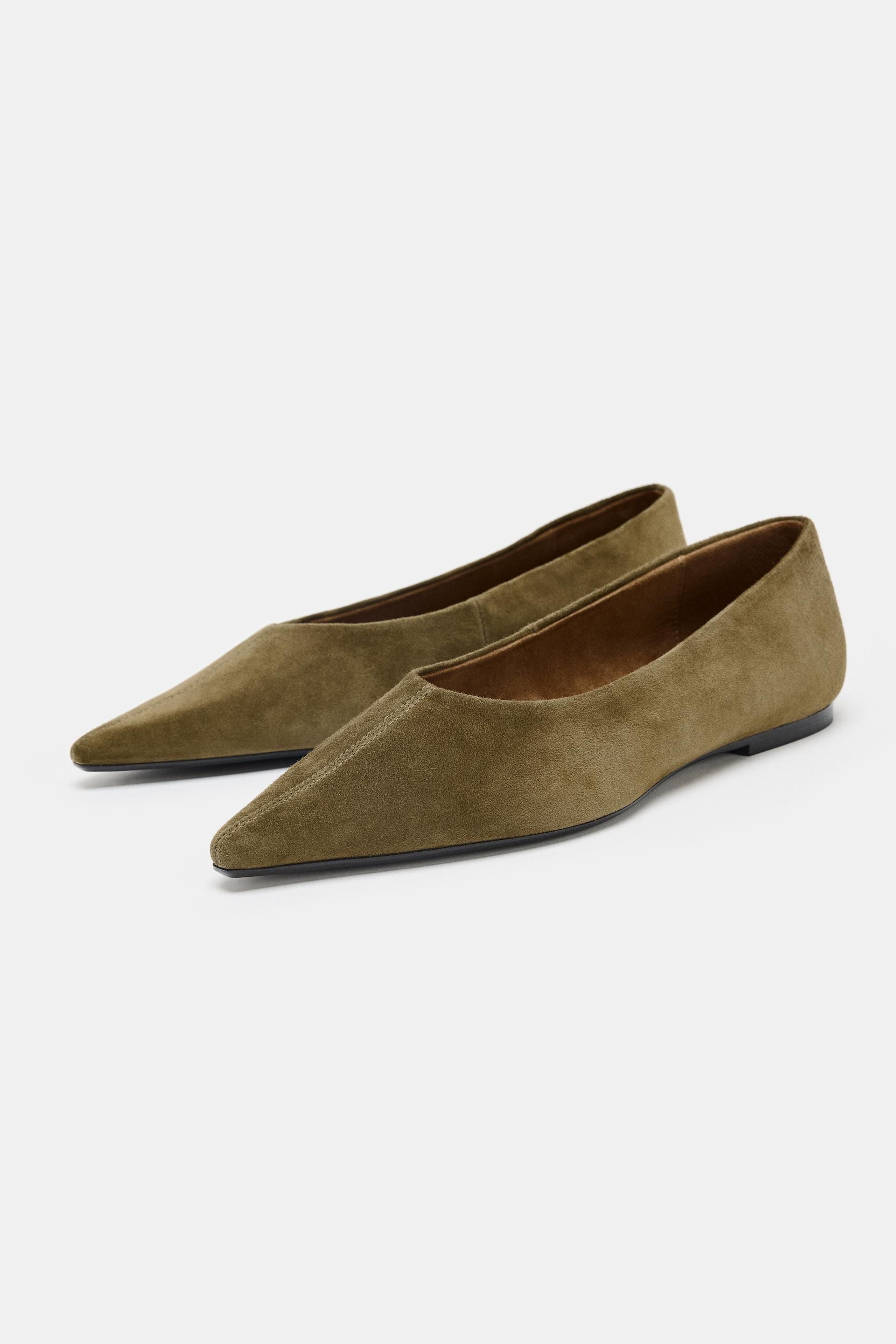 Zara, Pointed Toe Suede Ballet Flats in Olive Green