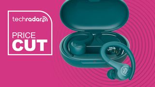 JLab Go Air Sport in teal on TechRadar deals background