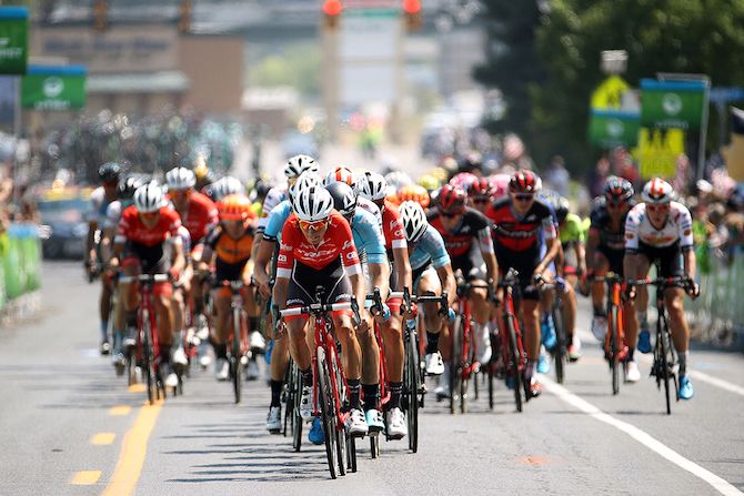 The pace ramps up as the riders approach the finish of stage 3 of the 2018 Tour of Utah in Layton