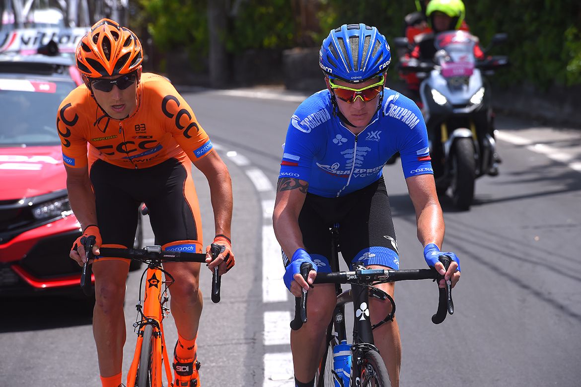 Breakaway riders Evgeny Shalunov and Maciej Paterski on the Giro's fifth stage
