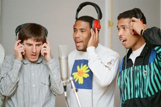 John Barnes (centre) in the recording studio alongside Peter Beardsley and Des Walker for the recording of England's World Cup song with New Order in 1990.