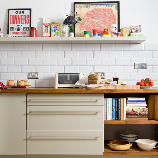 kitchen books in open shelves and craft