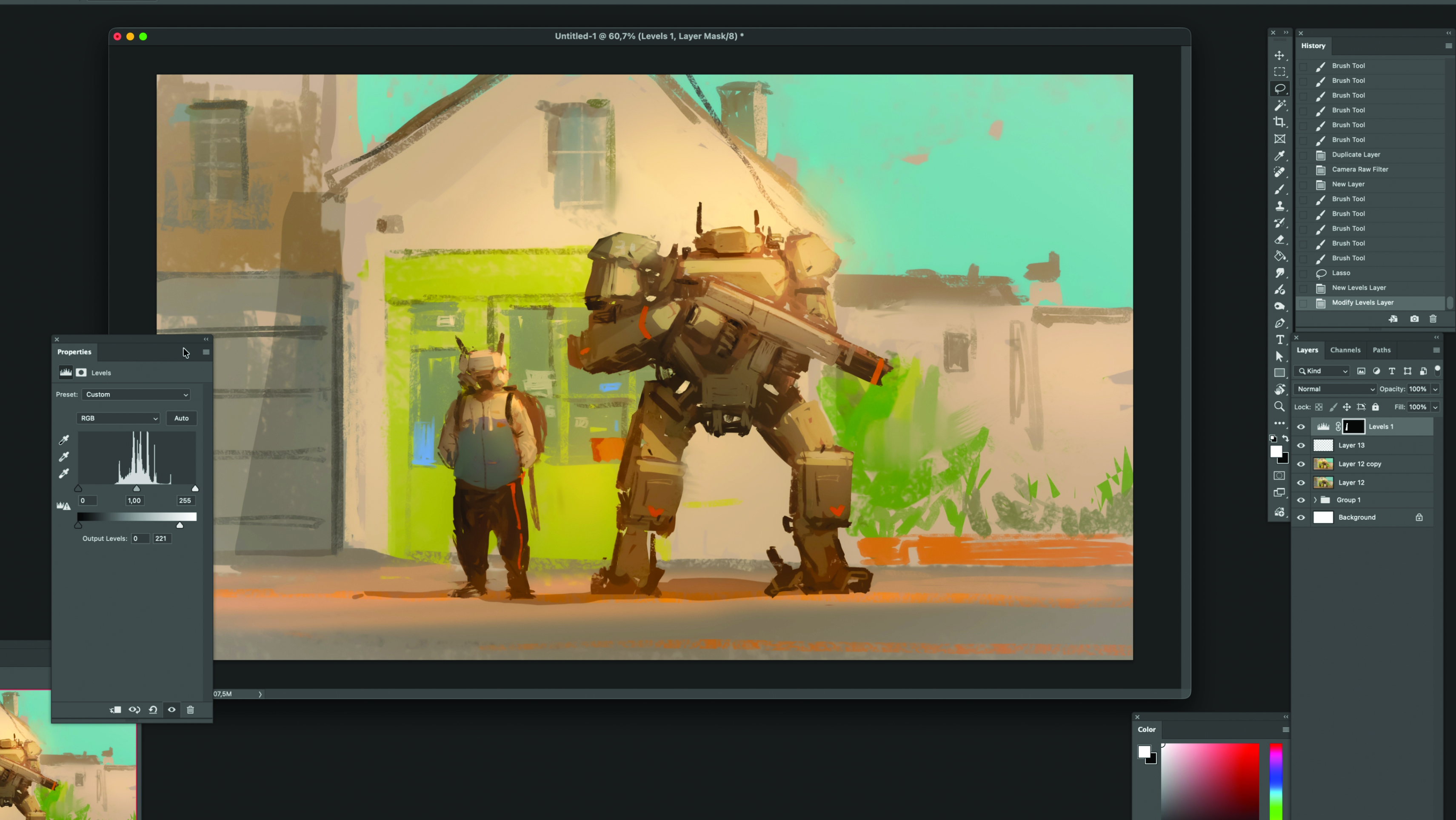 Part of the process of creating concept art with a robot character