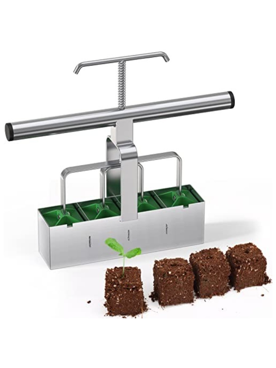 SOLIGT, Soil Blocker With Comfortable Handle, 4 Cell Soil Block Maker 2 Inch Mold Blocking Tool for Seed Starting Germination, Grow Seedling No Transplant Shock