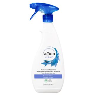 A side on view of a blue and white bathroom cleaning spray