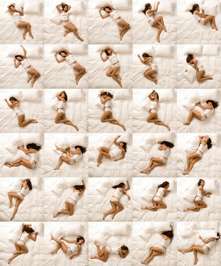 what sleeping position is best - Woman wearing underwear sleeping in different positions, overhead view 