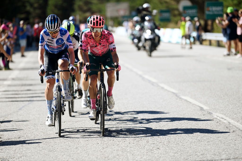 SIERRA NEVADAGRANADA SPAIN SEPTEMBER 04 LR Jay Vine of Australia and Team AlpecinDeceuninck Polka dot mountain jersey and Rigoberto Uran Uran of Colombia and Team EF Education Easypost compete during the 77th Tour of Spain 2022 Stage 15 a 1526km stage from Martos to Sierra Nevada Granada 2507m LaVuelta22 WorldTour on September 04 2022 in Sierra Nevada Spain Photo by Justin SetterfieldGetty Images