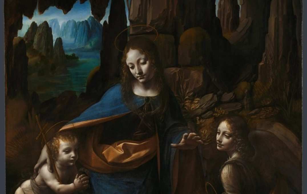 An image shows part of the Virgin on the Rocks. The hidden baby Jesus is in the right side of this frame.