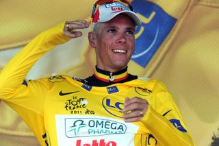 Philippe Gilbert on podium, Tour de France 2011, stage one