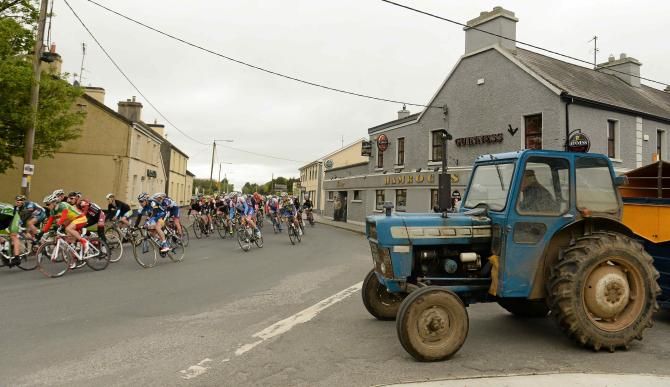 The bunch make their way through Athleague on Stage 2 of the Ras