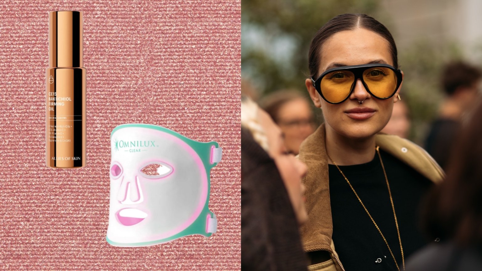 a pink background with two beauty products next to a woman with gold lens glasses and dark hair