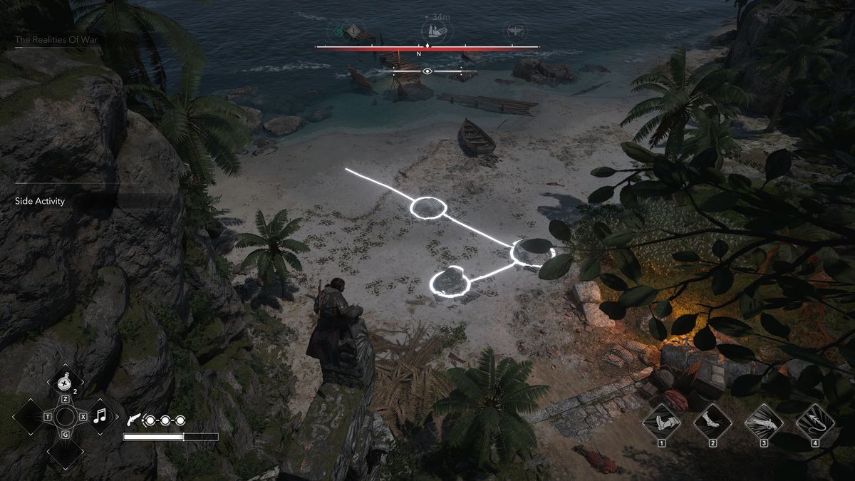 Black Flag Mayan stones: Edward crouched on top of the stele solving the puzzle in the ruins below.