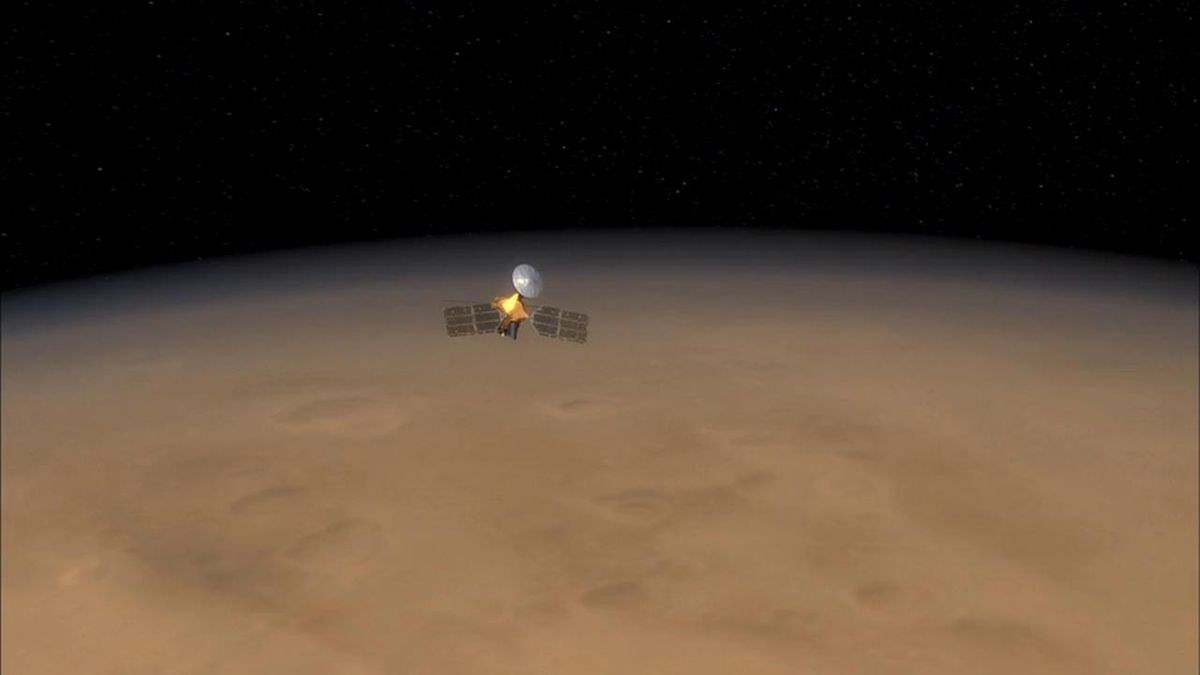 NASA&#039;s Mars Reconnaissance Orbiter (MRO), shown here in a still from an animation, has completed 60,000 orbits of the Red Planet.