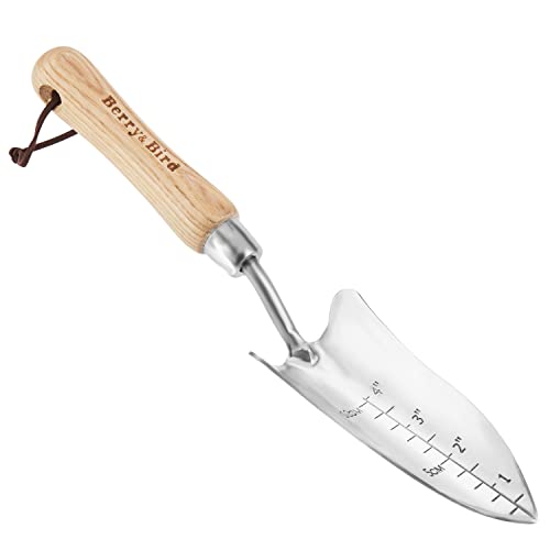 Berry&bird Transplant Trowel With Measurements, Garden Stainless Steel Potting Hand Trowel With Wooden Handle, Small Garden Hand Shovel Transplanter Tool for Planting Digging Transplanting Gardening