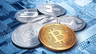 Coins representing cryptocurrencies