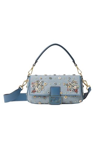 Baguettefendi Flower Bouquet Blue Denim-Effect Jacquard Bag