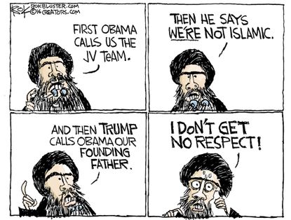 Editorial cartoon World ISIS terrorism Barack Obama Donald Trump JV team respect