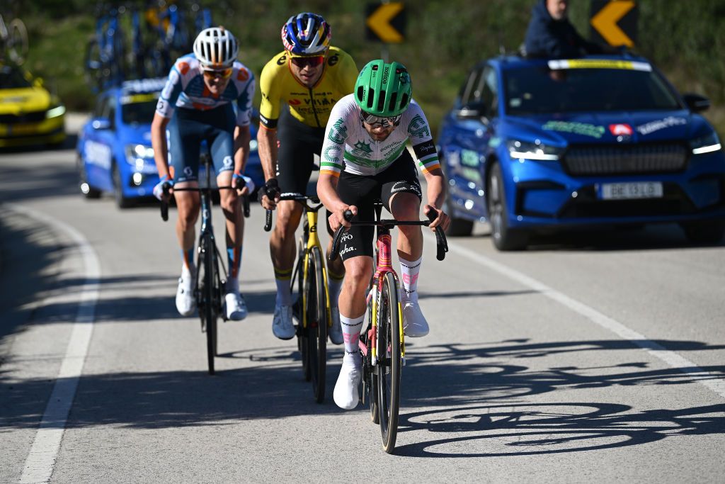 ALTO DO MALHAO PORTUGAL FEBRUARY 18 LR Gijs Leemreize of The Netherlands and Team dsmfirmenich PostNL Wout Van Aert of Belgium and Team Visma Lease a Bike and Ben Healy of Ireland and Team EF Education EasyPost compete in the breakaway during the 50th Volta ao Algarve em Bicicleta 2024 Stage 5 a 1658km stage from Faro to Alto do Malhao 514m on February 18 2024 in Alto do Malhao Portugal Photo by Dario BelingheriGetty Images