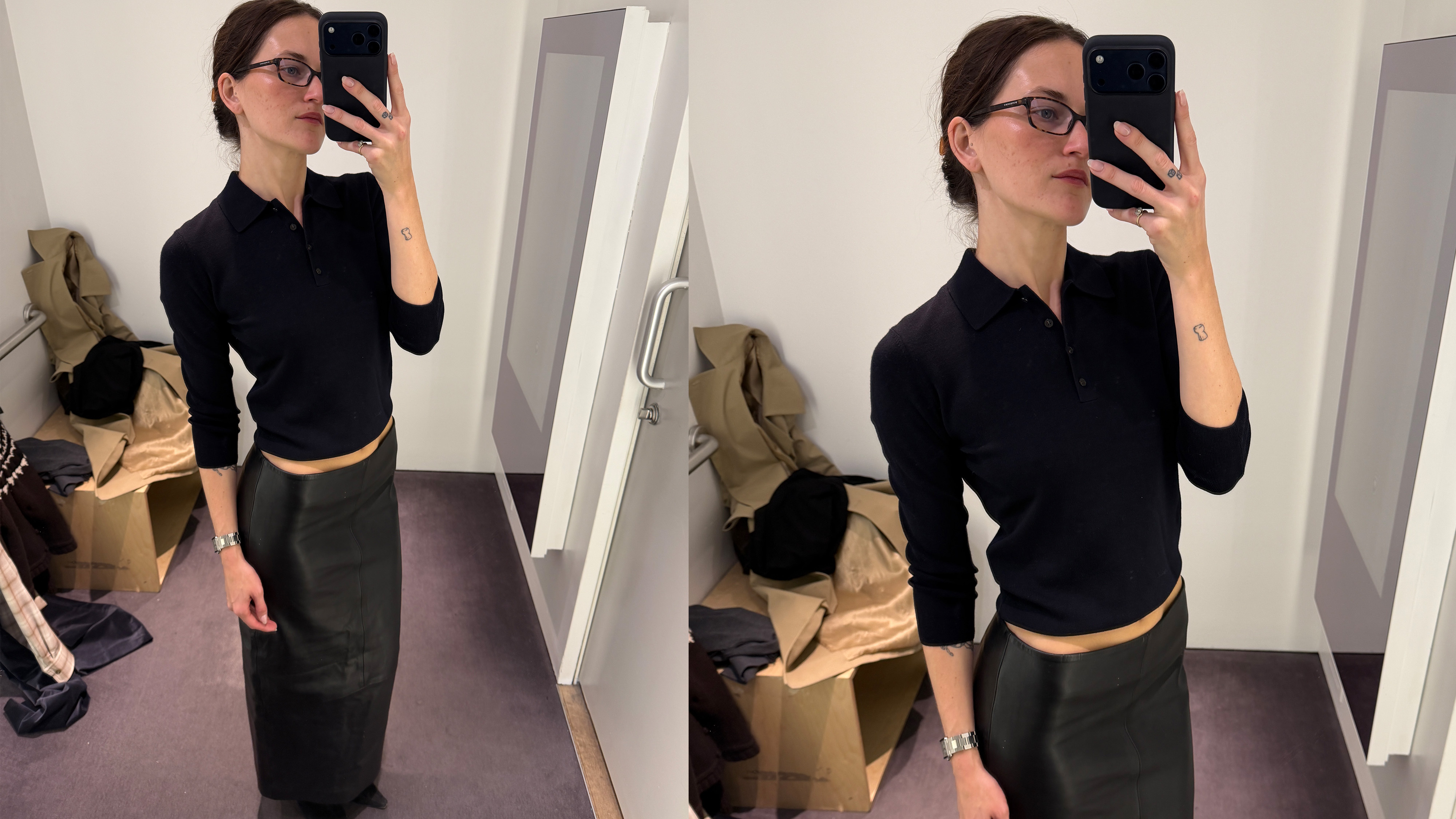 Eliza Huber in the dressing room at COS wearing a navy blue polo sweater with a leather skirt. 