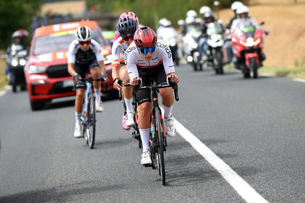 SAINTDIDESVOSGES FRANCE JULY 28 Victoire Berteau of France and Team Cofidis Fminin leads the breakaway during the 1st Tour de France Femmes 2022 Stage 5 a 1756km stage from BarleDuc to SaintDidesVosges TDFF UCIWWT on July 28 2022 in SaintDidesVosges France Photo by Dario BelingheriGetty Images
