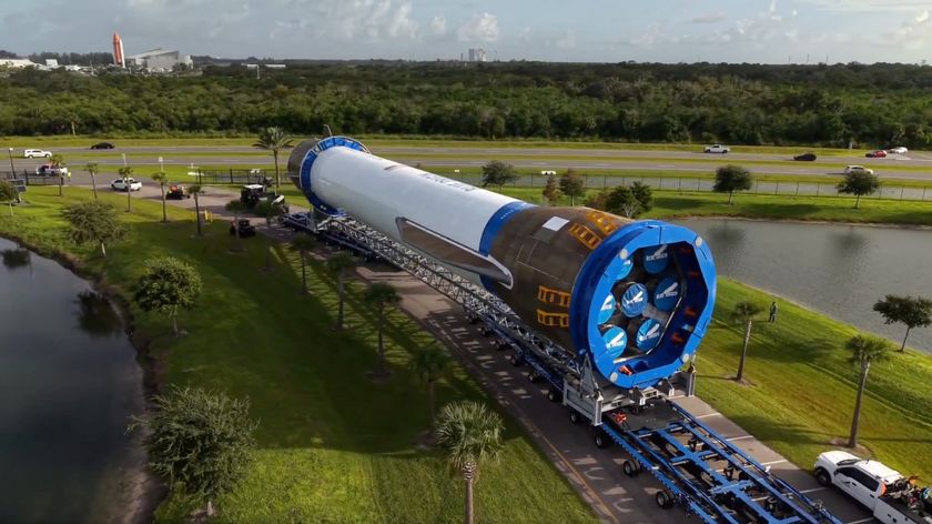 Blue Origin rolls the first stage of its powerful New Glenn rocket to the pad at Cape Canaveral Space Force Station on Oct. 8, 2025.