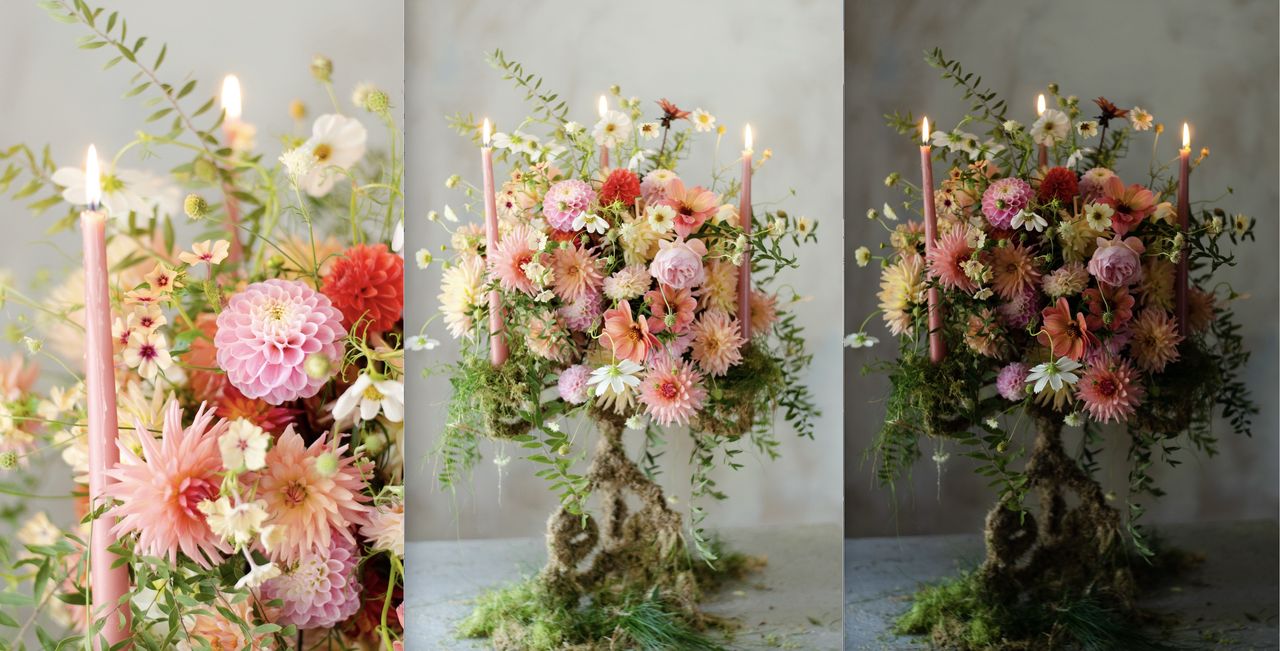 moss covered candelabra flower display 