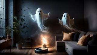 Robot vacuum with ghosts hovering above in a dark living room