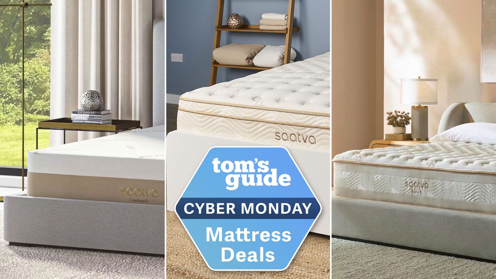 Composite image of the Saatvas Contour5, Classic and Rx mattresses, with a Tom&#039;s Guide Cyber Monday Mattress Deals badge overlaid