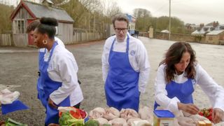 The blue team selecting ingredients in Celebrity MasterChef 2023